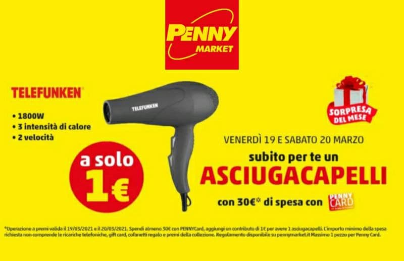 Penny Market Asciugacapelli Telefunken a solo 1 € 19 e 20 marzo