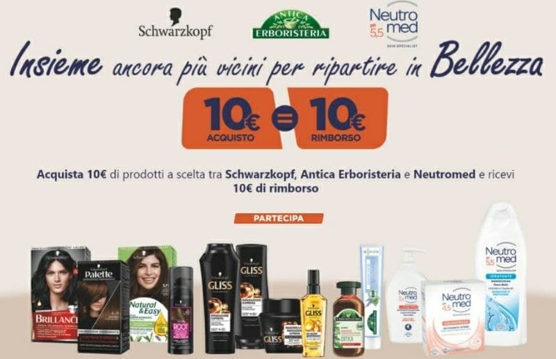 Cashback Antica Erboristeria Neutromed e Schwarzkopf Henkel Beauty Care 10€ acquisto 10€ rimborso