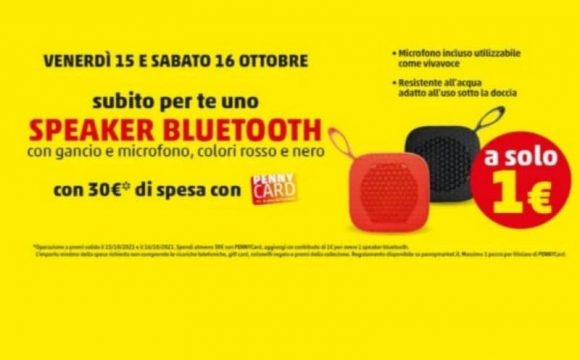 Solo da Penny Market, nei giorni 15 e 16 ottobre, puoi ottenere uno Speaker Bluetooth a 1 euro con una spesa minima di 30 euro